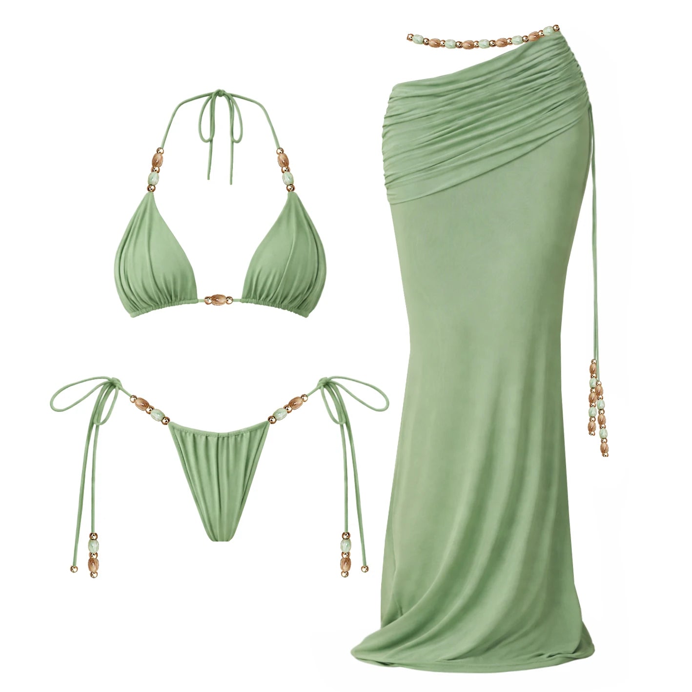Beads 3Pcs Green Bikini Sexy Women Bandeau Biquini Female Swimsuit Push Up Swimwear Mesh Skirt Bathing Suits Cover Up Beachwear