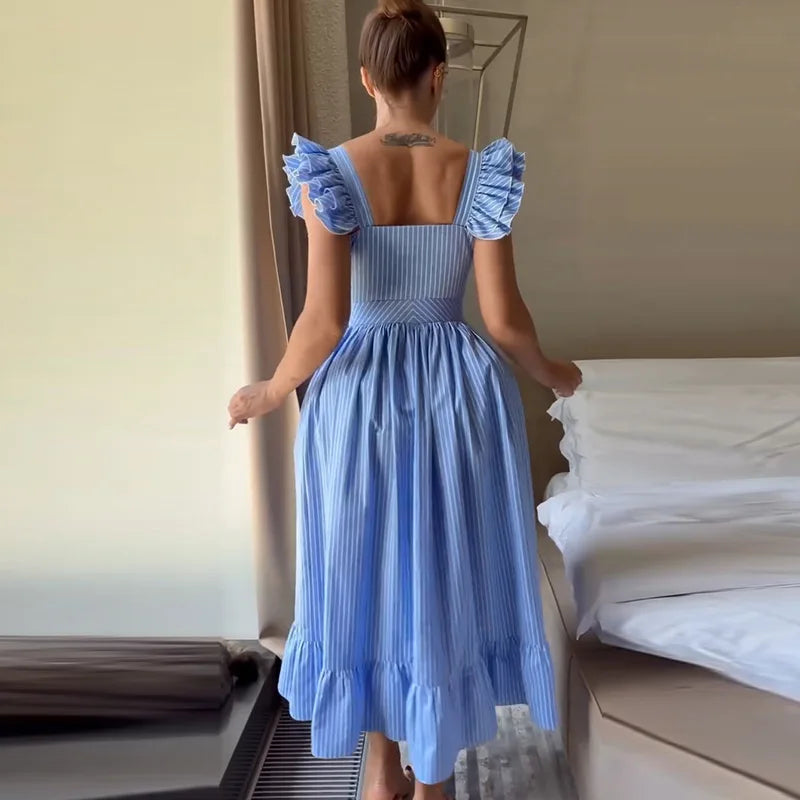Elegant Striped Ruffled Women's Long Dress Square-Neck Single Breasted Flying Sleeve Dresses 2026 Summer Lady Party Beach Robes
