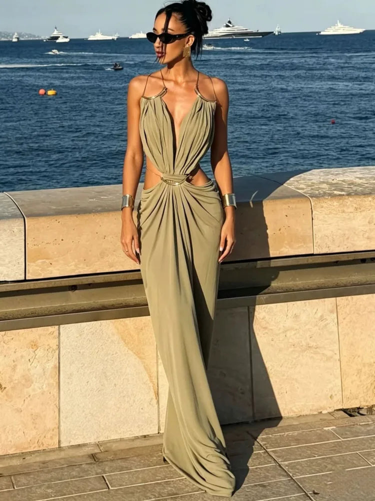 Halter Deep V Neck Maxi Dress Backless