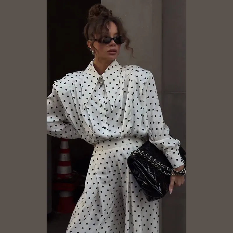 Casual Dot Shirt Pants Women Set Holidays Lapel Long Sleeve Blouse Wide Leg Pleated Trousers 2026 Spring Summer Lady Outfit
