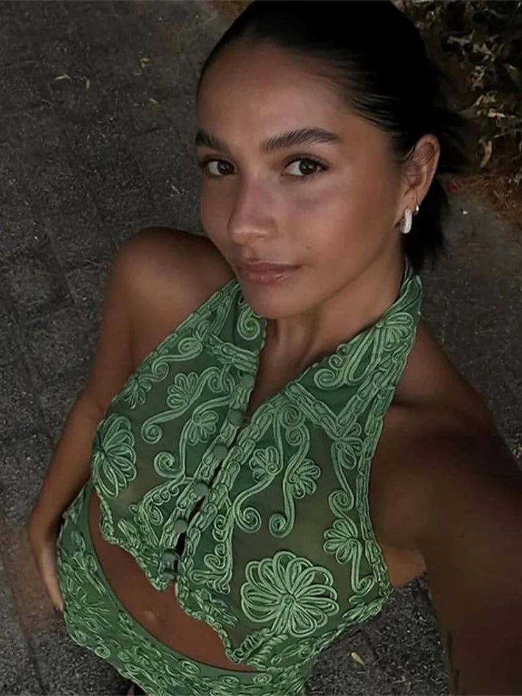 Floral Embroidery Halter Top Vest Breasted Mini Skirt Set Standing Collar Crop Women Short Tank Micro Transparent Crochet Skirts