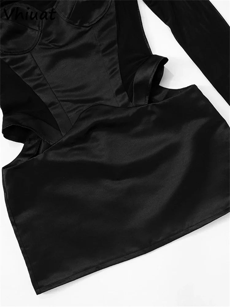 Vhiuat Sexy Cut Out Mesh Patchwork Turtleneck Long Sleeve Wrap Short Dress 2024 Party Evening Elegant Party Birthday Mini Dress