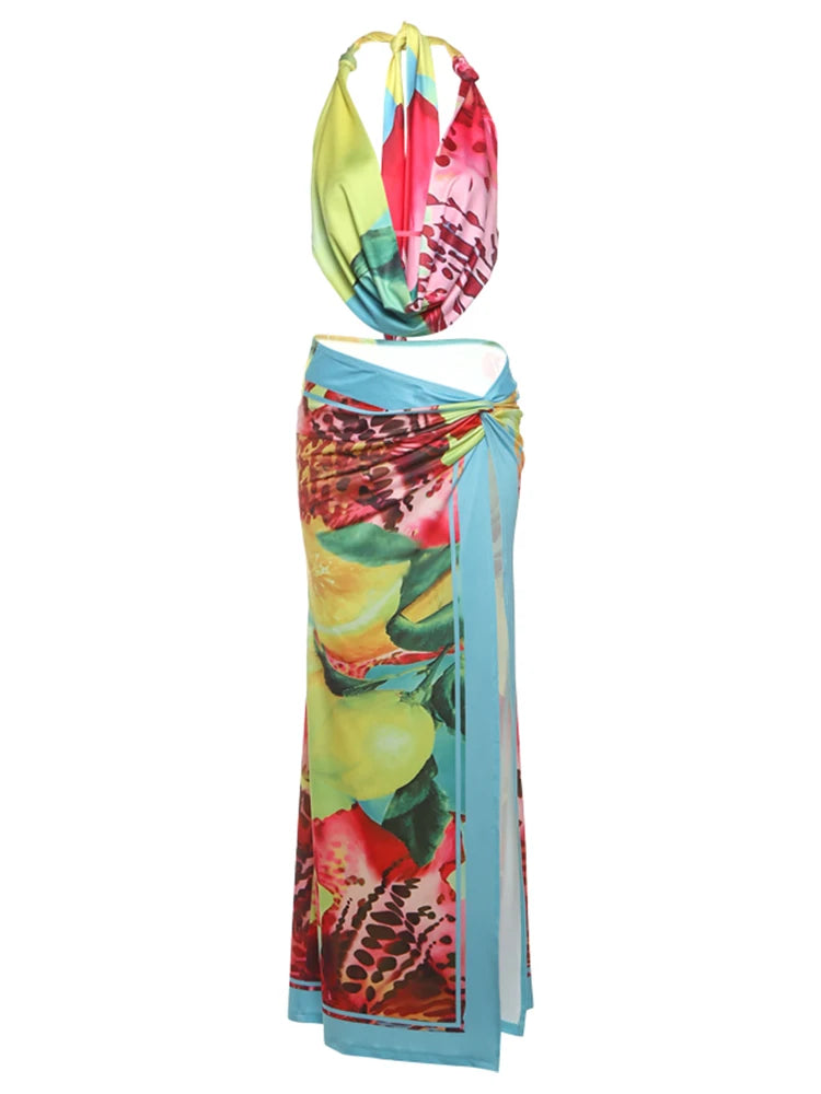 Nibber Sexy Colorful Leopard Women 2Piece Set Y2K Beach Vacation Halter Tank Tops+Wrapped Maxi Skirts Matching Vacation Clubwear