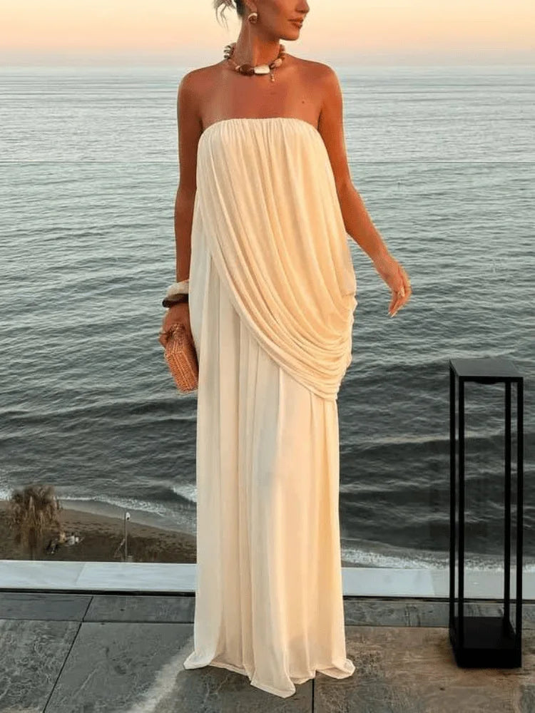 Strapless Pleated Maxi Sleeveless  Long Dresses