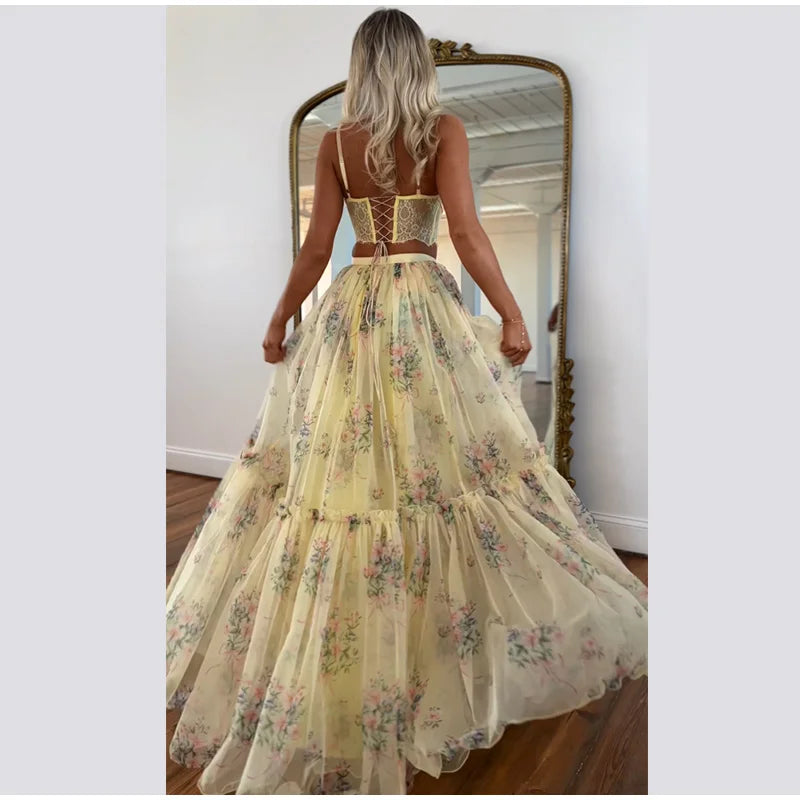 Floral Printed Women's Dress Lace Patchwork Spaghetti Strap Cami Top Female Tulle Ruffle Maxi Skirt Party Beach Dresses For Lady