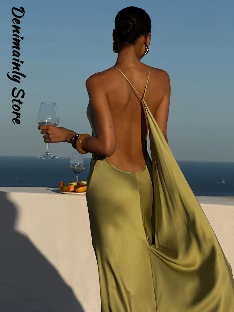 Sexy Women's Satin Solid Long Dress Swing Collar Sleeveless Backless Spaghetti Strap Slit Dresses 2026 Summer Evening Lady Robes