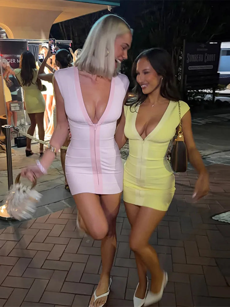Sexy V-Neck Women's Dress Elastic Sleeveless Zippers Hip Package Lady Mini Dresses 2026 Summer Autumn Female Party Robe