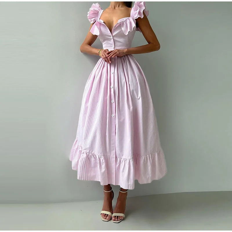 Elegant Striped Ruffled Women's Long Dress Square-Neck Single Breasted Flying Sleeve Dresses 2026 Summer Lady Party Beach Robes