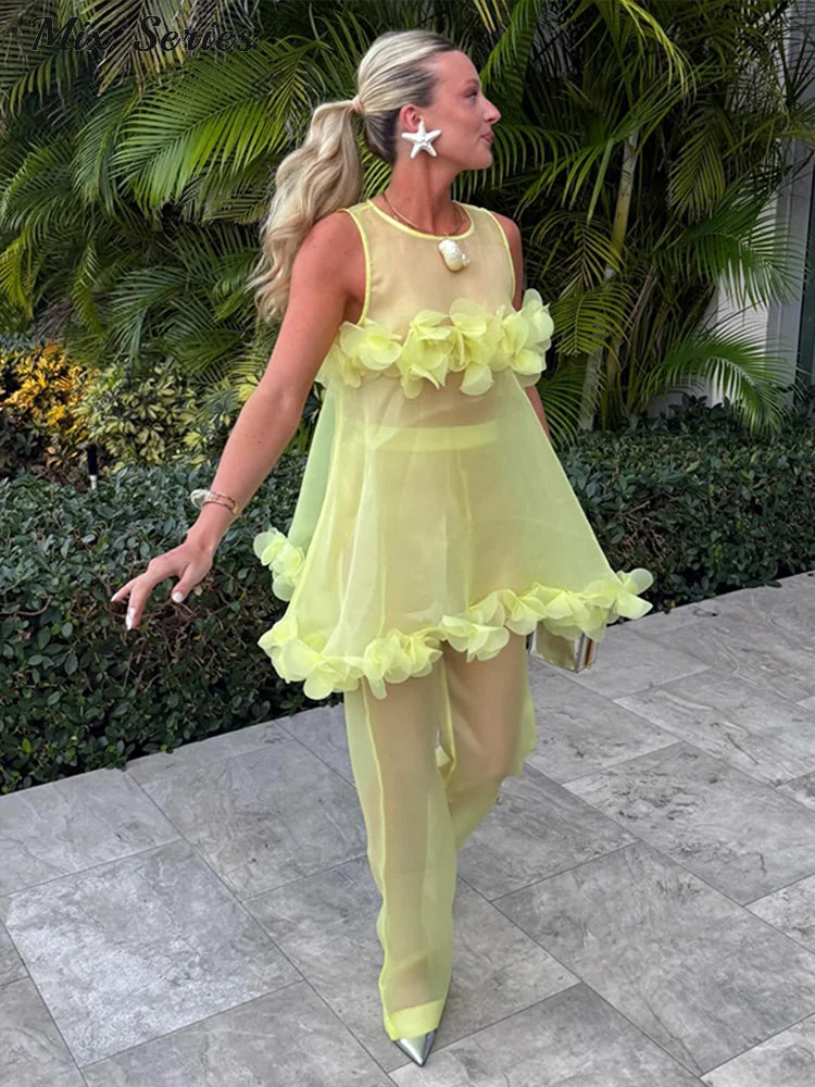Women's Sheer 3D Mesh Floral Sleeveless O-neck Top Loose Pants Set 2026 Summer New Lady Fashion Boho Style Beach Vacation Wear