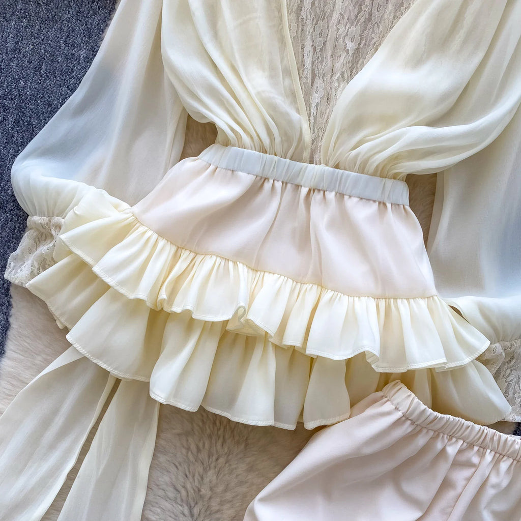 SINGREINY Fairycore Lace Chiffon Dresses With Stretch Shorts Pearl Button Bow Female Ruffles Sheer Seaside Holiday Mini Dress