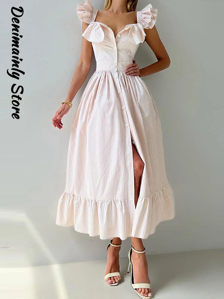 Elegant Striped Ruffled Women's Long Dress Square-Neck Single Breasted Flying Sleeve Dresses 2026 Summer Lady Party Beach Robes