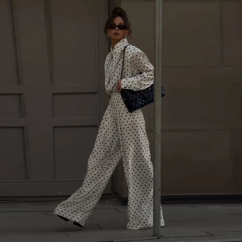 Casual Dot Shirt Pants Women Set Holidays Lapel Long Sleeve Blouse Wide Leg Pleated Trousers 2026 Spring Summer Lady Outfit