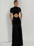 Sheer Mesh Maxi Dress Turtleneck Ruched