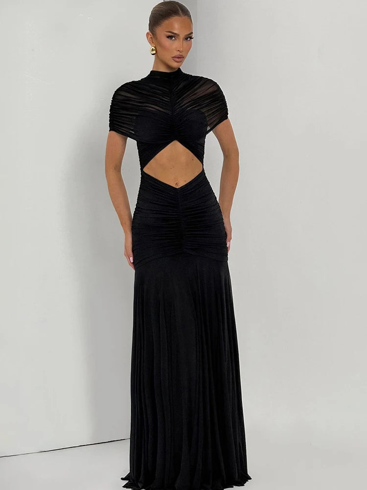Sheer Mesh Maxi Dress Turtleneck Ruched