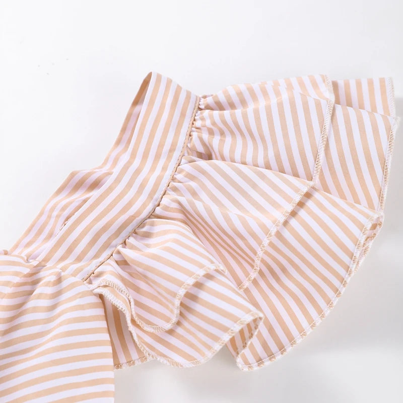 Elegant Striped Ruffled Women's Long Dress Square-Neck Single Breasted Flying Sleeve Dresses 2026 Summer Lady Party Beach Robes