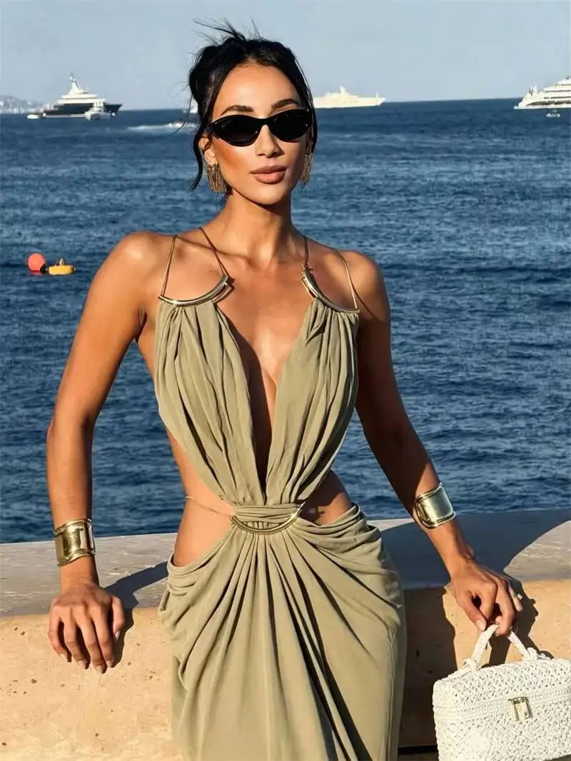 Halter Deep V Neck Maxi Dress Backless
