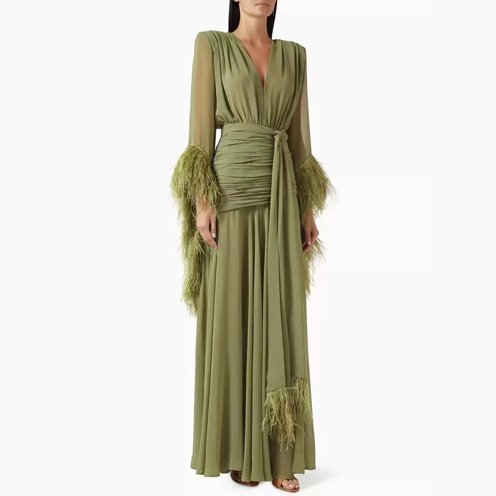 Women Elegant Solid Dress 2026 Fall V Neck Long Sleeve Feather Splicing Chiffon High Slit Slim Fit Maxi Dress Formal Party Gown