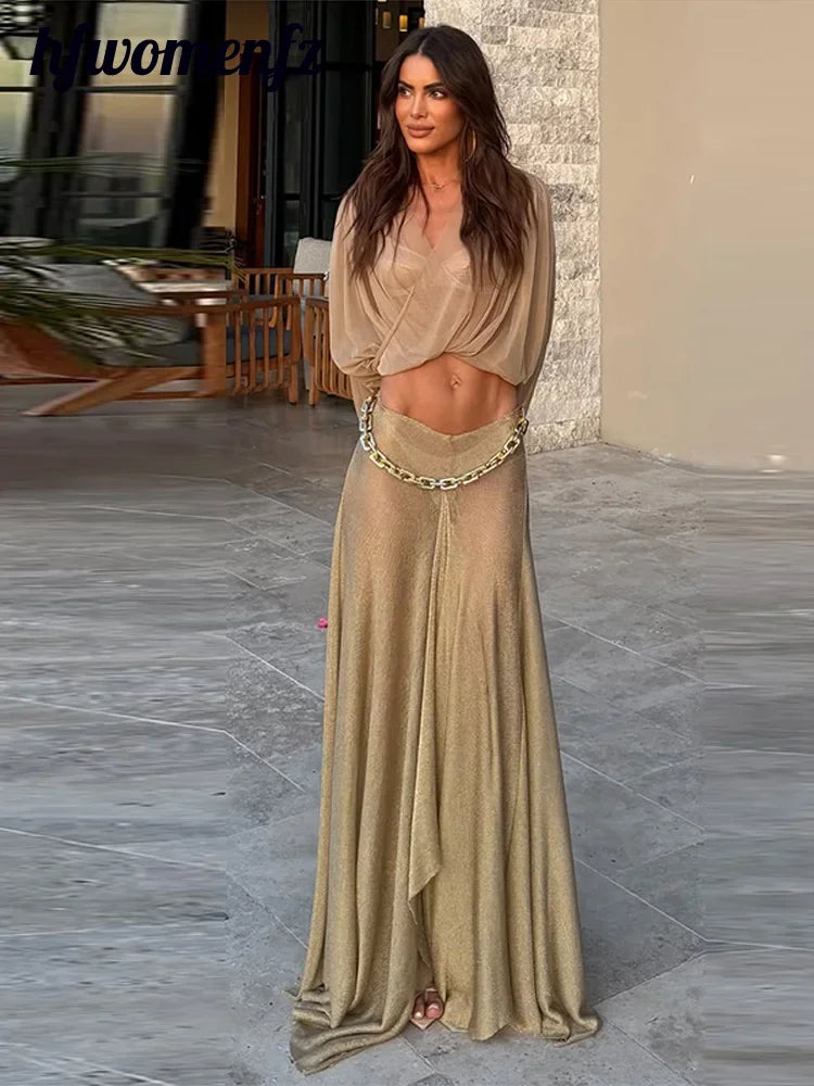Sexy Women's Solid Top Long Skirt Set V-neck Batwing Full Sleeve Cross Crop Tops Chain Slit Skirts 2026 Summer Lady Beach Suit