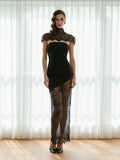 Sexy Lace Shawl Patchwork Strapless Dress Women Sleeveless Waist Cinched Split Pleated Slim Dresses Lady Evening Party Robe 2026