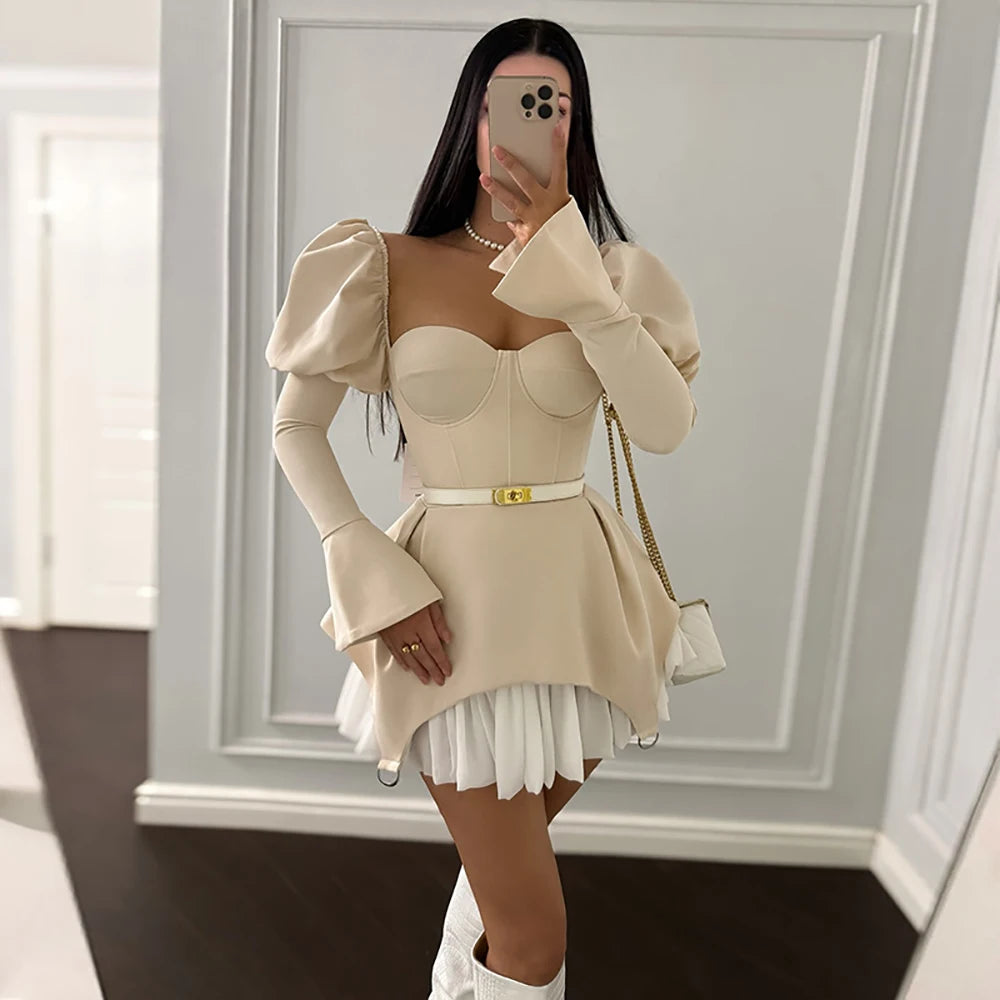Women Corset Fashion Irregular Sexy Mini Dress Off-Shoulder Puff Trumpet Sleeves Slim Tube High Street Chic Short Dress Vestidos