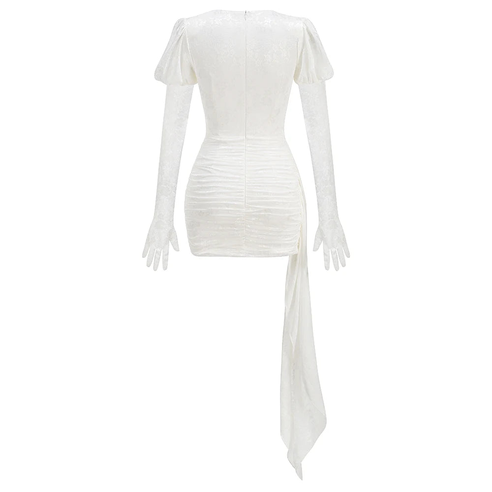 2024 New Fashion Red White Women Gloves Sexy Bodycon Mini Draped Dress Nightclub Party Bar Singer Birthday Celebrate Dress