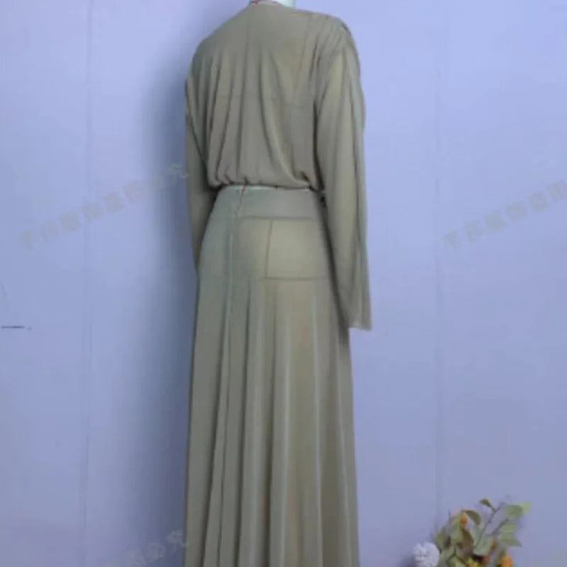 Sexy Women's Solid Top Long Skirt Set V-neck Batwing Full Sleeve Cross Crop Tops Chain Slit Skirts 2026 Summer Lady Beach Suit