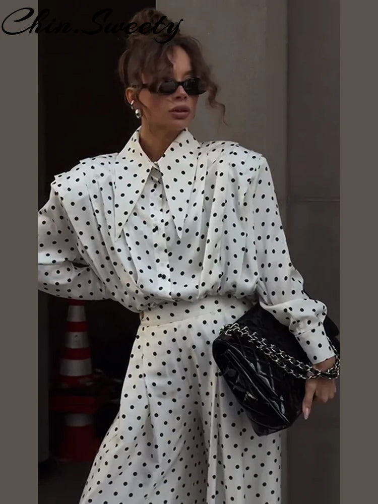 Casual Dot Shirt Pants Women Set Holidays Lapel Long Sleeve Blouse Wide Leg Pleated Trousers 2026 Spring Summer Lady Outfit