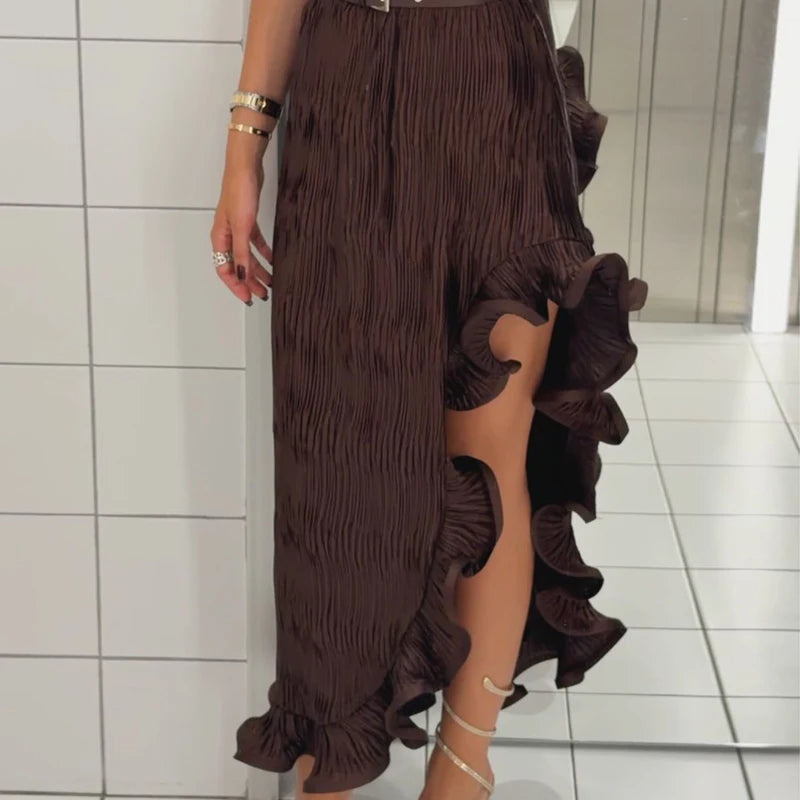 Chic Women's Belt Ruffles Long Dress Asymmetric Square Collar Sleeveless Backless Pleated Dresses 2026 Summer Lady Beach Robes