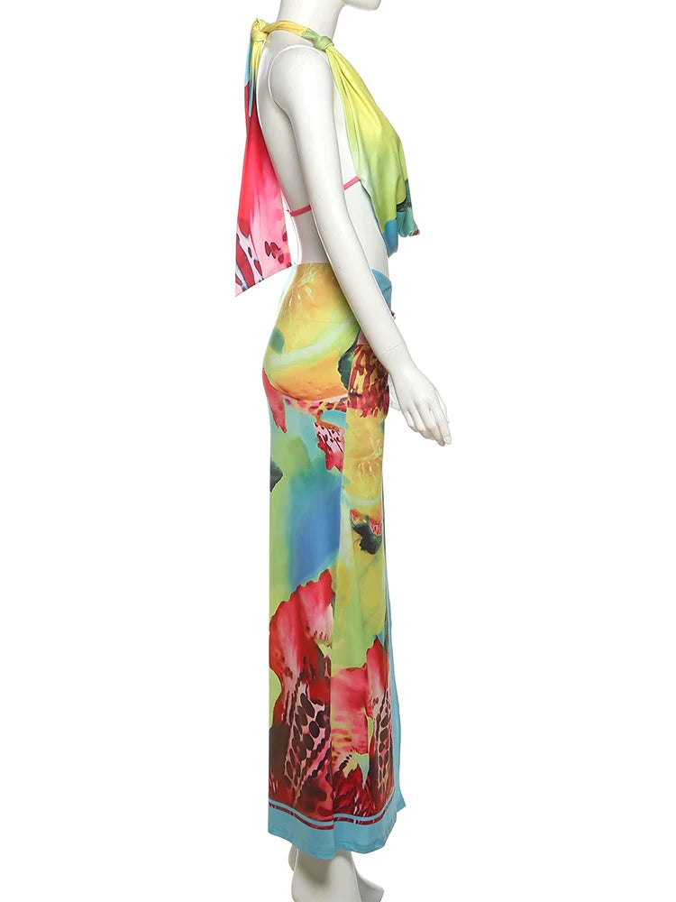 Nibber Sexy Colorful Leopard Women 2Piece Set Y2K Beach Vacation Halter Tank Tops+Wrapped Maxi Skirts Matching Vacation Clubwear