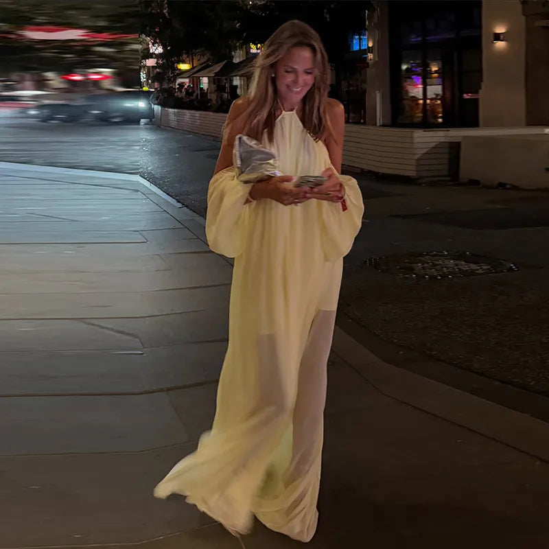 Sexy Halter Backless Party Gowns Women's Yellow Big Hem Off-shoulder Long Dresses 2026 Spring New Ladies Loose Beach Robes