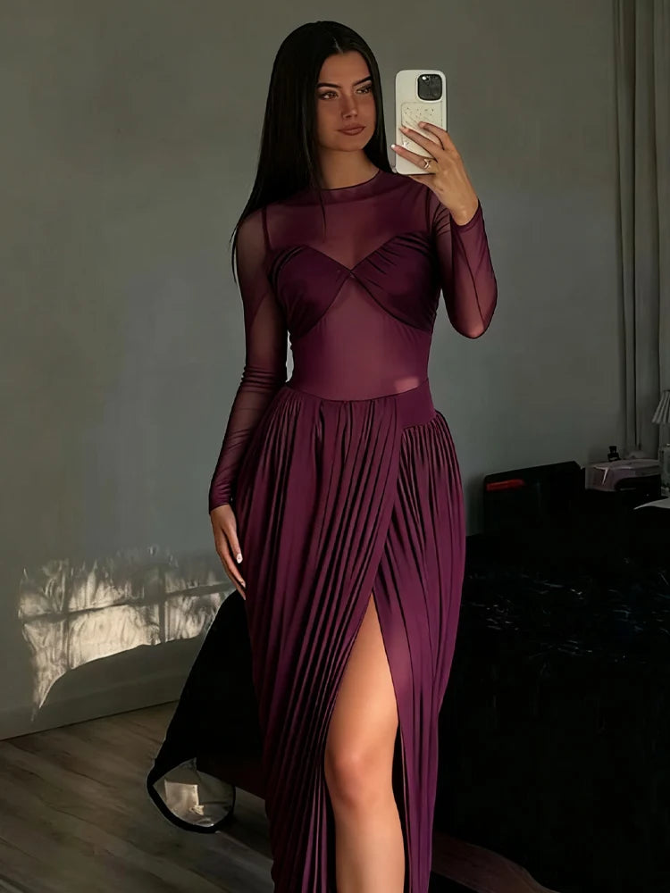 Weird Puss Wrapped Sexy Dress Women Mesh Patchwork Split Ruched Elegant Full Sleeve Trend Birthday Banquet Party Maxi Bodycon