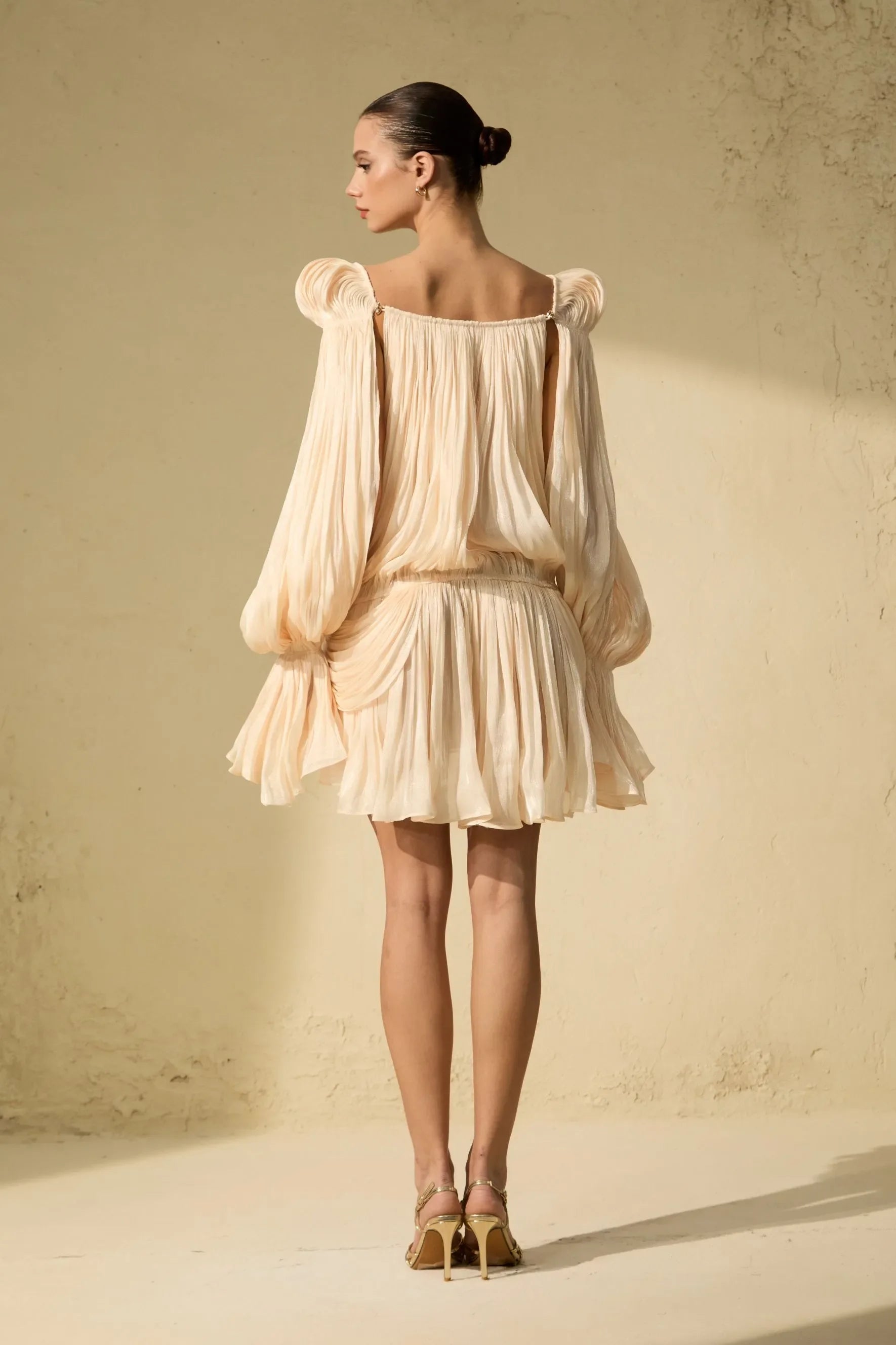 Puff Sleeve Ruched Flared Mini Dress