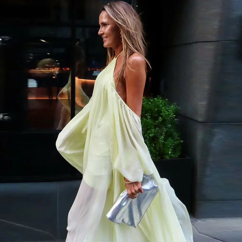 Sexy Halter Backless Party Gowns Women's Yellow Big Hem Off-shoulder Long Dresses 2026 Spring New Ladies Loose Beach Robes