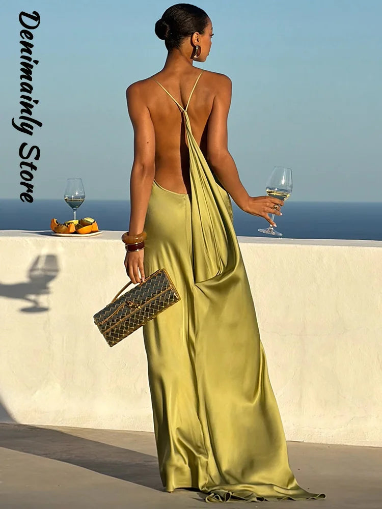 Sexy Women's Satin Solid Long Dress Swing Collar Sleeveless Backless Spaghetti Strap Slit Dresses 2026 Summer Evening Lady Robes