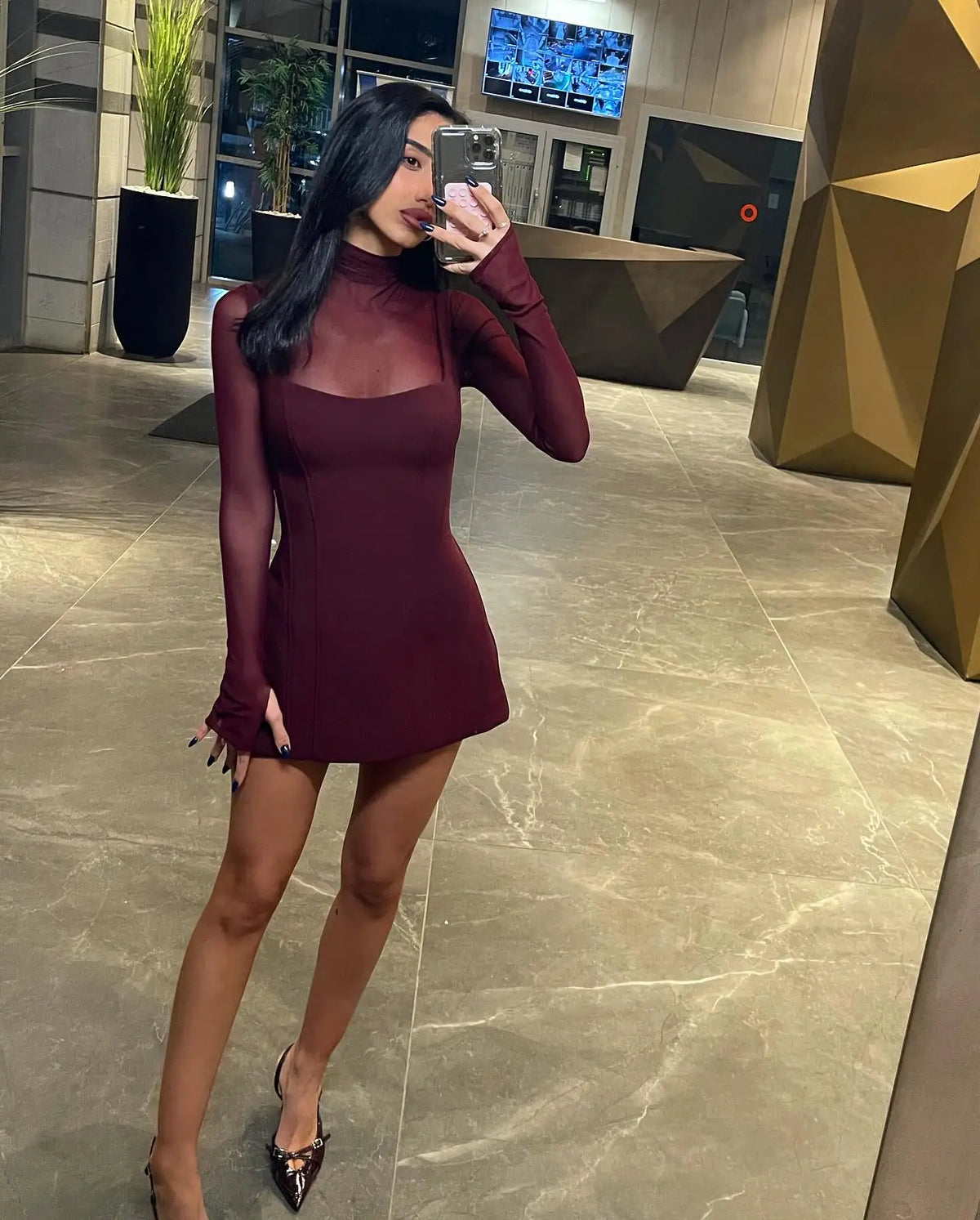 Sexy Women's Burgundy Mini Dress Luxury Turtleneck Transparent Long Sleeve A-line Short Dresses Evening Party Prom Cocktai New
