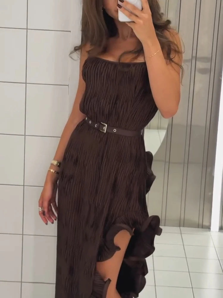 Chic Women's Belt Ruffles Long Dress Asymmetric Square Collar Sleeveless Backless Pleated Dresses 2026 Summer Lady Beach Robes