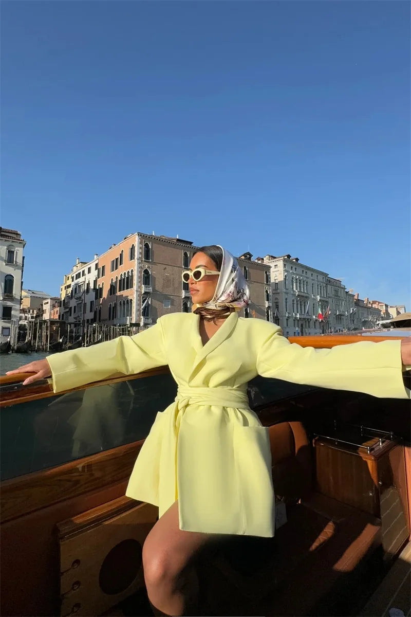 Autumn Yellow Women Suit Skirt 1 Piece Long Blazer Belted Sexy V Neck Jacket Formal Office Lady Wedding Guest Birthday Coat