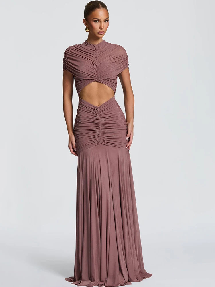 Sheer Mesh Maxi Dress Turtleneck Ruched