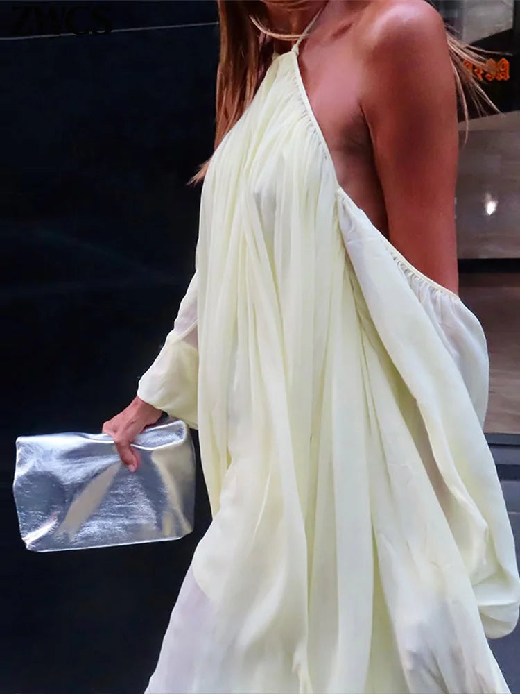 Sexy Halter Backless Party Gowns Women's Yellow Big Hem Off-shoulder Long Dresses 2026 Spring New Ladies Loose Beach Robes