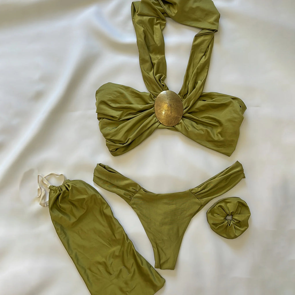 Bandeau 3Pcs Biquini Sexy Bikini Women Swimsuit Push Up Swimwear Female Strappy Bathing Suits Green Bodysuit Beachwear Swim Suit