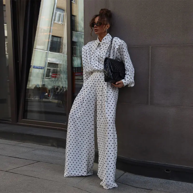 Casual Dot Shirt Pants Women Set Holidays Lapel Long Sleeve Blouse Wide Leg Pleated Trousers 2026 Spring Summer Lady Outfit