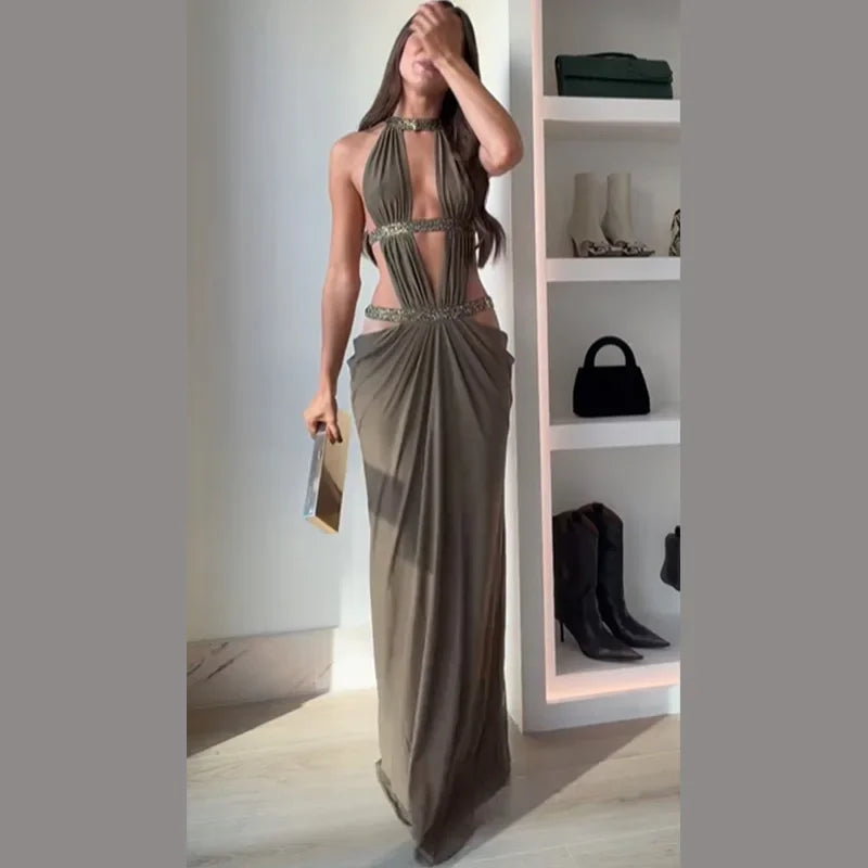 Off Shoulder Pleated Slim maxi dress