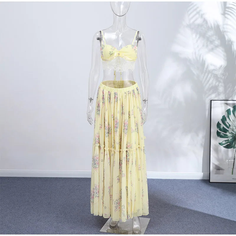 Floral Printed Women's Dress Lace Patchwork Spaghetti Strap Cami Top Female Tulle Ruffle Maxi Skirt Party Beach Dresses For Lady
