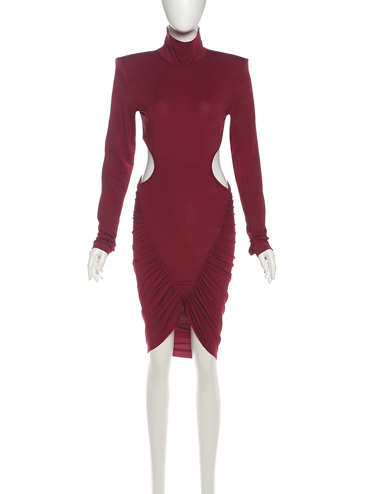 Nibber Hollow Dress Women Turtleneck Ruched Patchwork Full Sleeve Irregular Hem Skinny Stretch Party Club Elegant Mini Bodycon