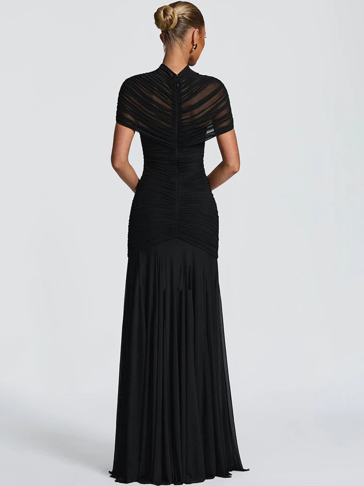 Sheer Mesh Maxi Dress Turtleneck Ruched