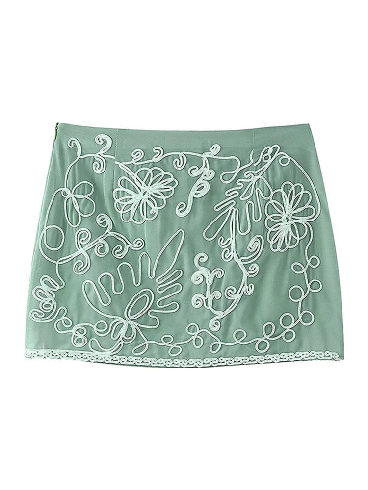 Floral Embroidery Halter Top Vest Breasted Mini Skirt Set Standing Collar Crop Women Short Tank Micro Transparent Crochet Skirts