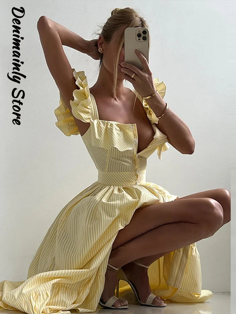 Elegant Striped Ruffled Women's Long Dress Square-Neck Single Breasted Flying Sleeve Dresses 2026 Summer Lady Party Beach Robes