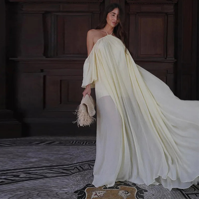 Sexy Halter Backless Party Gowns Women's Yellow Big Hem Off-shoulder Long Dresses 2026 Spring New Ladies Loose Beach Robes