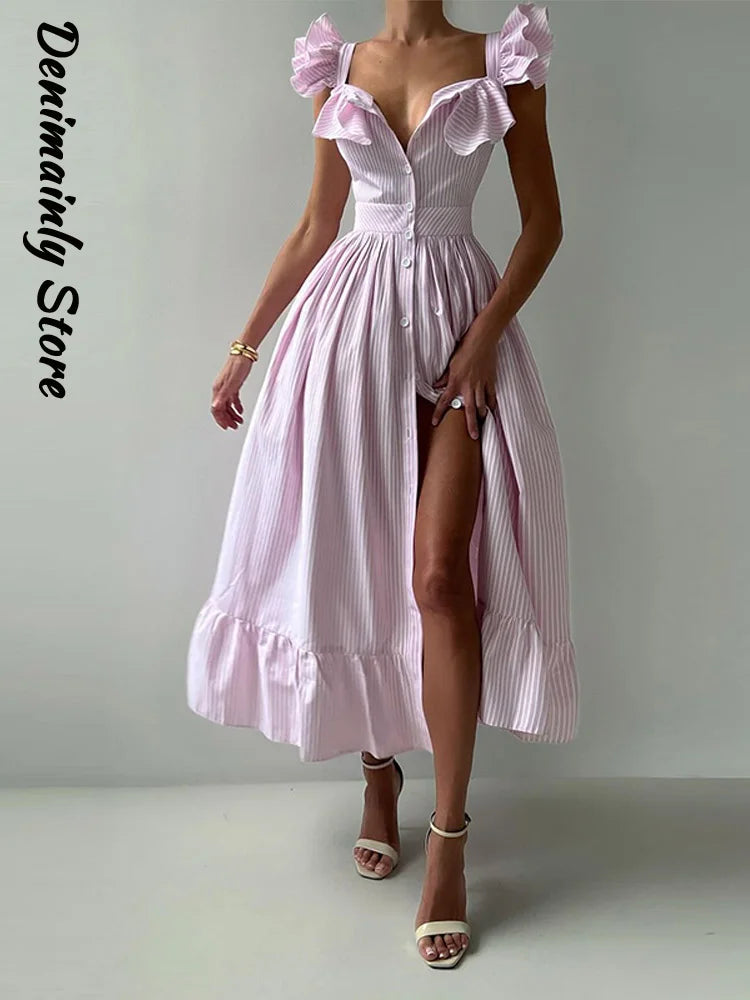 Elegant Striped Ruffled Women's Long Dress Square-Neck Single Breasted Flying Sleeve Dresses 2026 Summer Lady Party Beach Robes