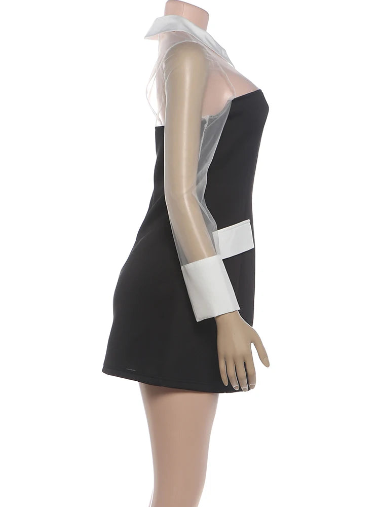 Nibber Full Sleeve Dress Women Fashion Mesh Patchwork Sexy Color Blocking Turn Down Collar Elegant Party Club Autumn Bodycon